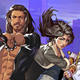 Art from Boyfriend Dungeon in which three people brandish weapons in front of a city skyline.